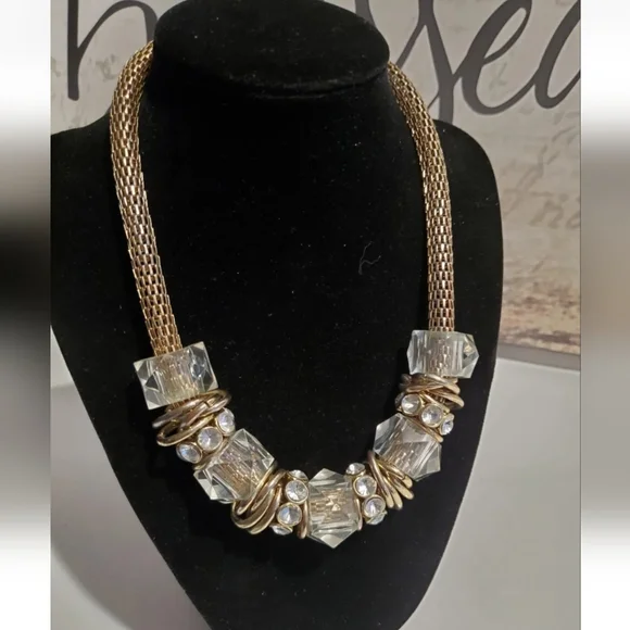 Dramatic Brass & Gold Colored Rhinestones Crystals Statement Necklace 16"